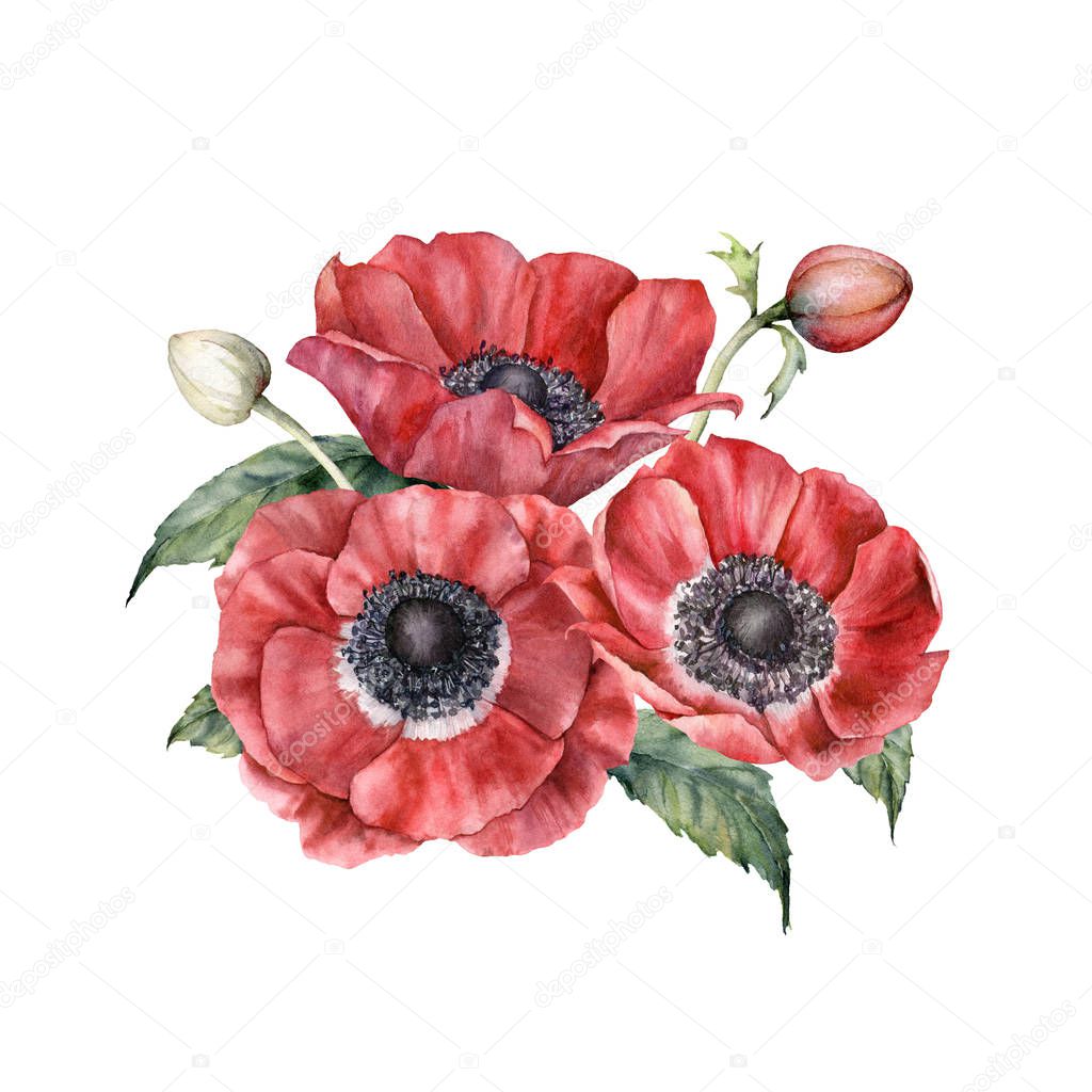 Watercolor floral card with red anemones. Hand painted bouquet with flowers, buds and leaves isolated on white background. Spring illustration for design, print, fabric or background.