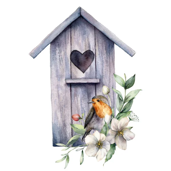Akvarellkort med fågelhus, robin och anemoner. Våren illustration med en blommor och en fågel isolerad på en vit bakgrund. Scen av vild natur för design, tryck, tyg. Påskmall. — Stockfoto