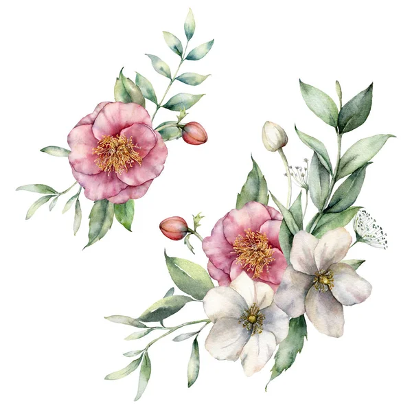 Conjunto floral acuarela con anémonas y rosas. Ramos pintados a mano con flores y hojas aisladas sobre un fondo blanco. Ilustración de primavera para diseño, impresión, tela o fondo . — Foto de Stock