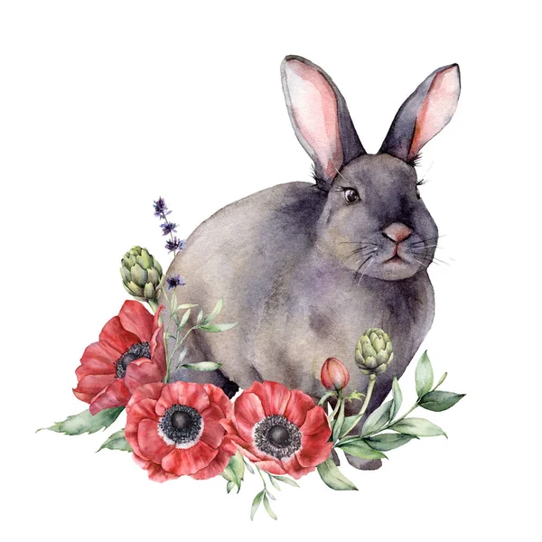 Акварель с кроликом и цветами. Красный кролик, анемоны, лаванда, артишоки, почки и листья изолированы на белом фоне. Весенняя иллюстрация для дизайна, печати и фона . — стоковое фото