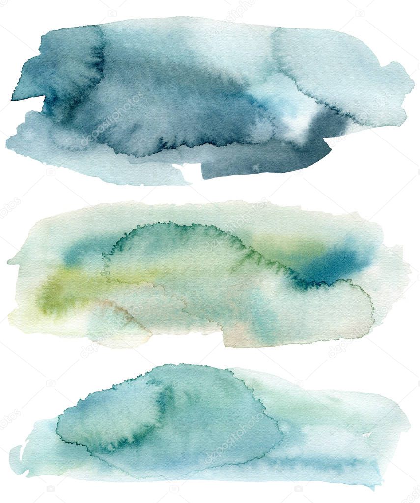 Watercolor texture with blue and green spots. Hand painted beautiful illustration with spots isolated on a white background. For design, printing, fabric or background.