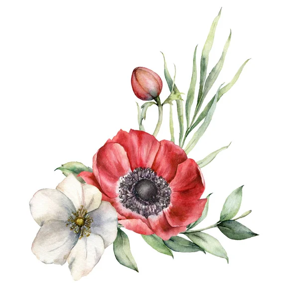 Bouquet floral aquarelle avec anémones rouges et blanches, bourgeons. Fleurs de vacances peintes à la main et feuilles d'eucalyptus isolées sur fond blanc. Illustration printanière pour design, impression, tissu, fond . — Photo