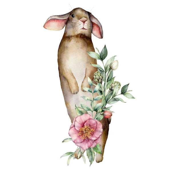 Carte aquarelle avec bouquet de lapin et de fleurs. Lapin peint à la main, rose, artichaut, bourgeons et feuilles isolés sur fond blanc. Illustration printanière pour design, impression, tissu ou fond . — Photo