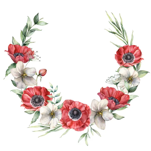 Ghirlanda floreale acquerello con anemoni rossi e bianchi. Fiori festivi dipinti a mano, boccioli e foglie di eucalipto isolati su sfondo bianco. Illustrazione di primavera per design, stampa, tessuto, sfondo . — Foto Stock