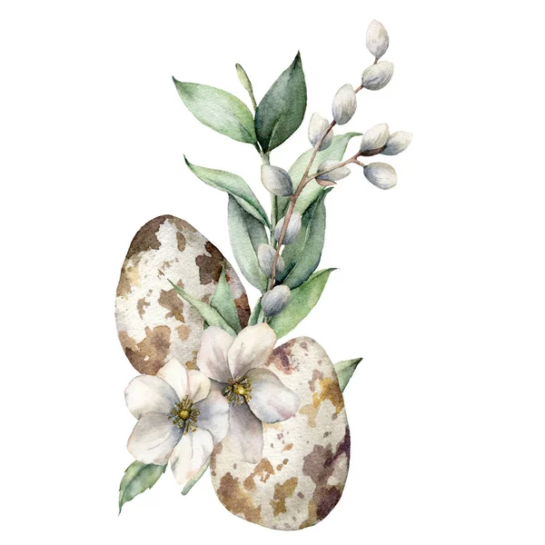 Akvarellkort med ägg och blommig dekor. Handmålade komposition med anemoner och vide gren isolerad på en vit bakgrund. Våren vilda djur illustration för design, tryck eller bakgrund. — Stockfoto