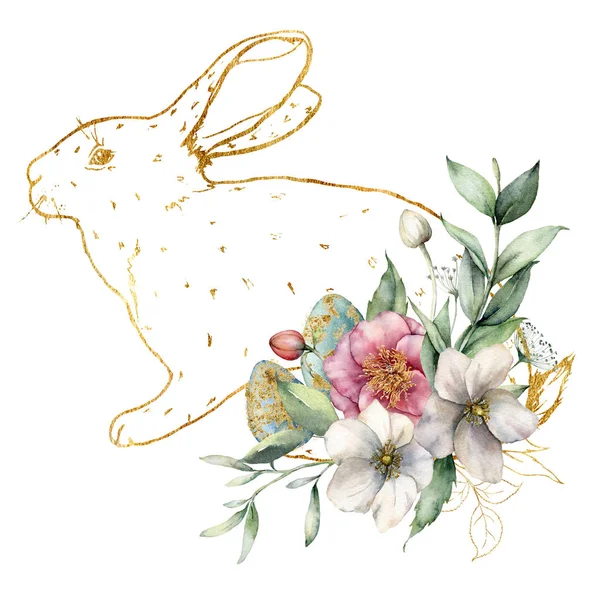 Watercolor card with golden bunny, flowers and eggs. Hand painted line art rabbit, anemones, buds and leaves isolated on white background. Spring illustration for design, print, fabric or background. — Stock Photo, Image