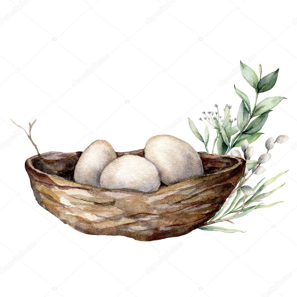 Watercolor card with nest, eggs and floral decor. Hand painted composition with nest and willow branch isolated on a white background. Spring wildlife illustration for design, print or background.