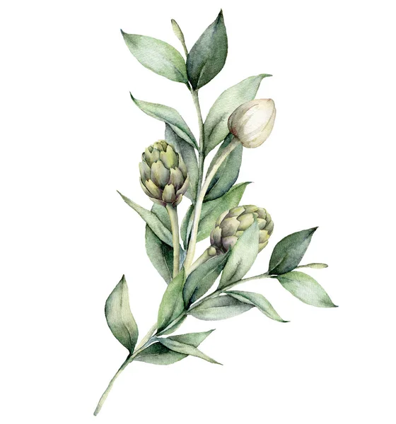 Bouquet floral aquarelle avec artichaut et bourgeon blanc. Composition de vacances peinte à la main avec des feuilles d'eucalyptus isolées sur fond blanc. Illustration printanière pour design, impression, tissu, fond . — Photo