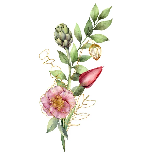 Tarjeta floral acuarela con ramo dorado de rosa, tulipán y alcachofa. Flores de vacaciones pintadas a mano aisladas sobre fondo blanco. Ilustración de primavera para diseño, impresión, tela o fondo . — Foto de Stock