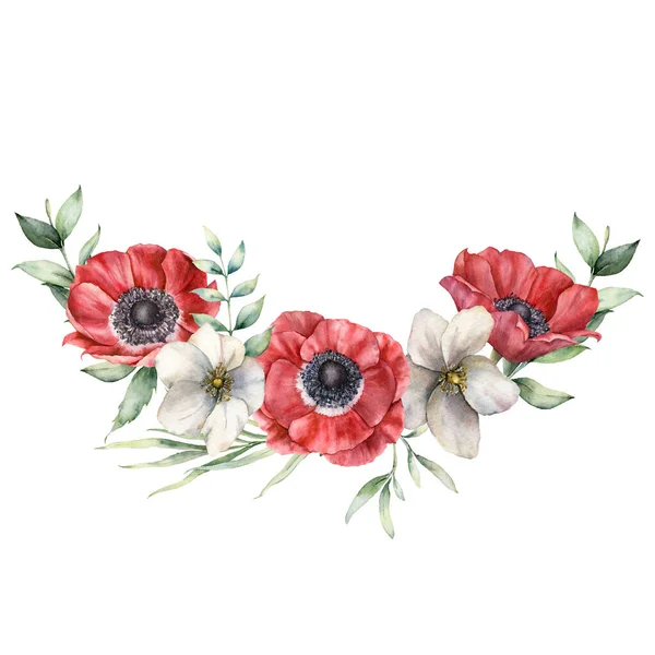 Aquarell Blumenstrauß mit roten und weißen Anemonen. Handbemalte Urlaubsblumen und Eukalyptusblätter isoliert auf weißem Hintergrund. Federzeichnung für Design, Druck, Stoff oder Hintergrund. — Stockfoto