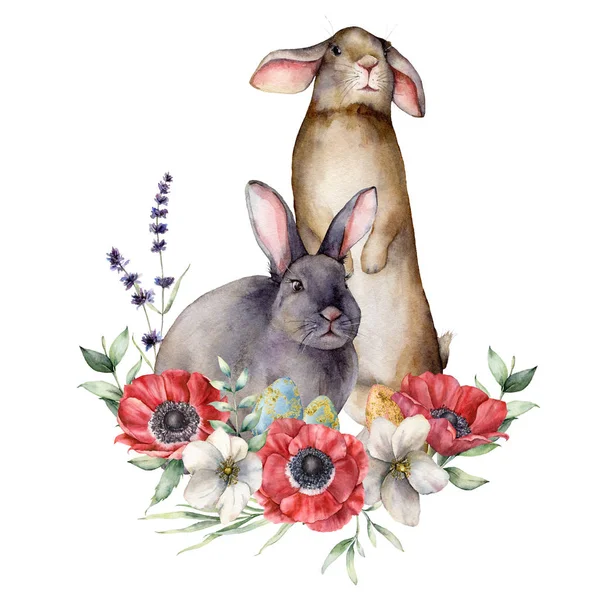 Акварель с кроликом, цветами и золотыми яйцами. Ручная покрашенный кролик, анемоны, лаванда и листья изолированы на белом фоне. Весенняя иллюстрация для дизайна, печати, ткани или фона . — стоковое фото
