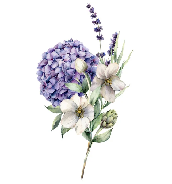 Υδατογραφία floral κάρτα με μπουκέτο από ορτανσία, ανεμώνη, αγκινάρα και λεβάντα. Ζωγραφισμένα στο χέρι λουλούδια διακοπών απομονωμένα σε λευκό φόντο. Spring εικονογράφηση για το σχεδιασμό, εκτύπωση, ύφασμα, φόντο. — Φωτογραφία Αρχείου