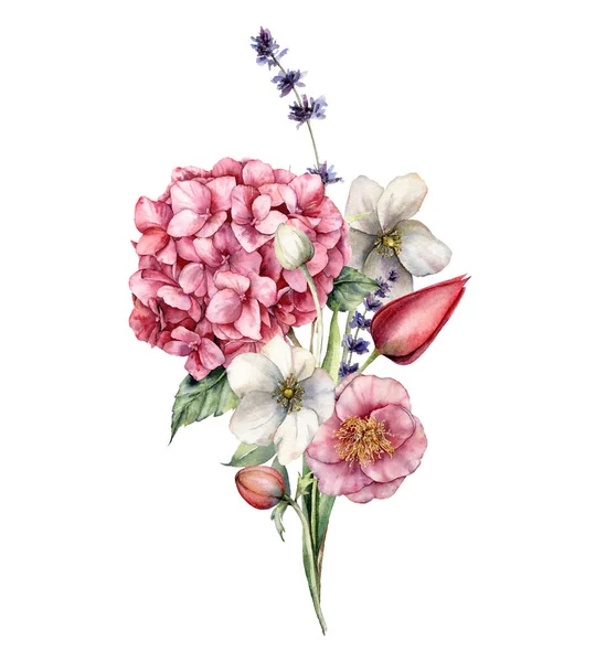 Υδατογραφία floral κάρτα με μπουκέτο από ορτανσία, τουλίπες, ανεμώνες και λεβάντα. Ζωγραφισμένα στο χέρι λουλούδια διακοπών απομονωμένα σε λευκό φόντο. Εικονογράφηση άνοιξη για το σχεδιασμό, εκτύπωση, ύφασμα ή φόντο. — Φωτογραφία Αρχείου