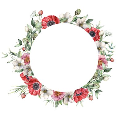 Şakayık ve enginarlı suluboya çelenk. Beyaz arka planda el boyaması çiçekler, tomurcuklar ve okaliptüs yaprakları. Tasarım, baskı, kumaş ve arkaplan için bahar çizimi.