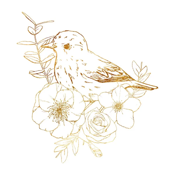 Akvarell kártya arany madárral és rózsákkal. Tavaszi vonal művészet illusztráció virágok és vörösbegy elszigetelt fehér alapon. Jelenet vad természet tervezés, nyomtatás vagy szövet. Tavaszi sablon. — Stock Fotó