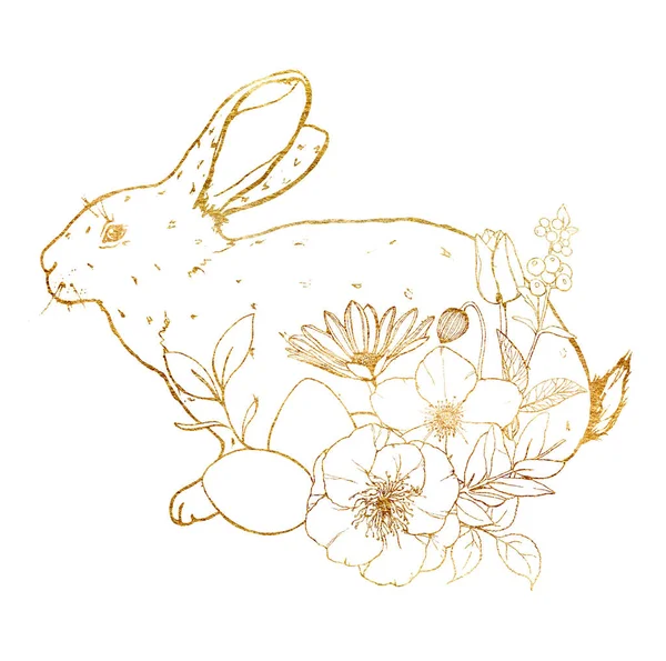 Акварель Пасхальная открытка с золотым кроликом, цветы и яйца. Красный кролик, анемоны, ромашка и листья изолированы на белом фоне. Весенняя иллюстрация для дизайна, печати и фона . — стоковое фото