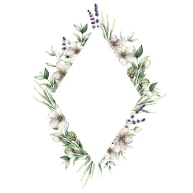 Şakayık ve lavantalı suluboya çiçek çerçevesi. El boyası çiçekler, enginar ve okaliptüs yaprakları beyaz arka planda izole. Tasarım, baskı veya arkaplan için bahar illüstrasyonu.