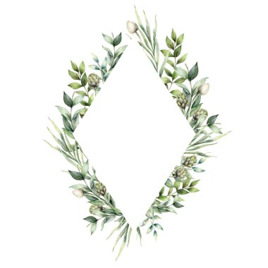 Çiçek desenli suluboya. El boyası çiçek tomurcukları, enginar ve okaliptüs yaprakları beyaz arka planda izole. Tasarım, baskı, kumaş veya arkaplan için bahar sınır çizimi.