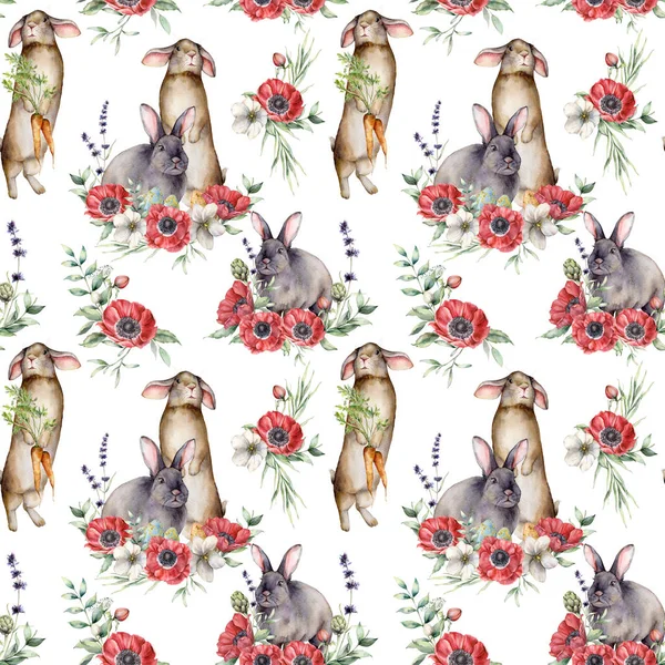 Watercolor seamless pattern with bunny, flowers and eggs. Hand painted rabbit, red anemones, lavender, leaves isolated on white background. Spring illustration for design, print, fabric or background.