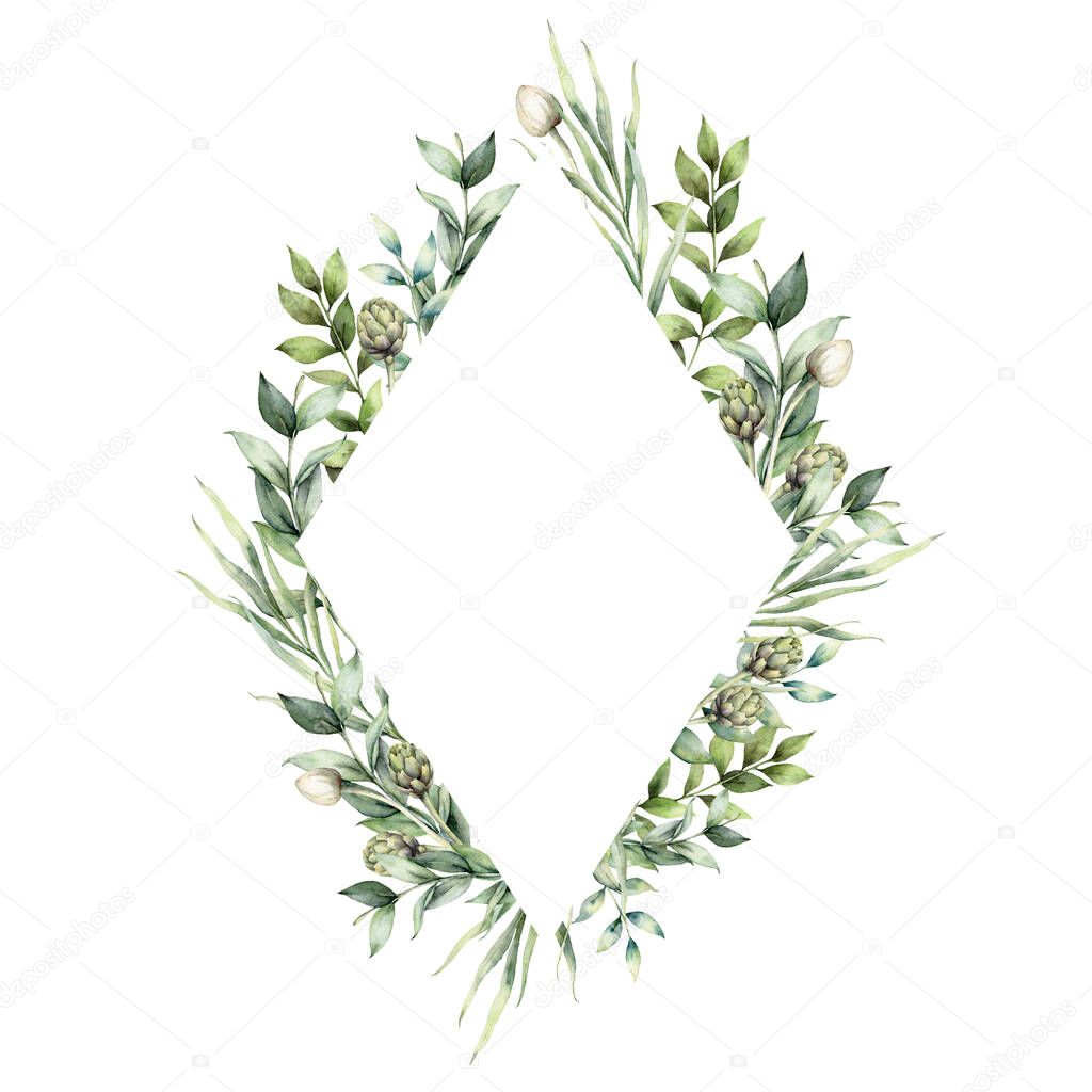 Watercolor floral frame. Hand painted flower buds, artichoke and eucalyptus leaves isolated on white background. Spring border illustration for design, print, fabric or background.