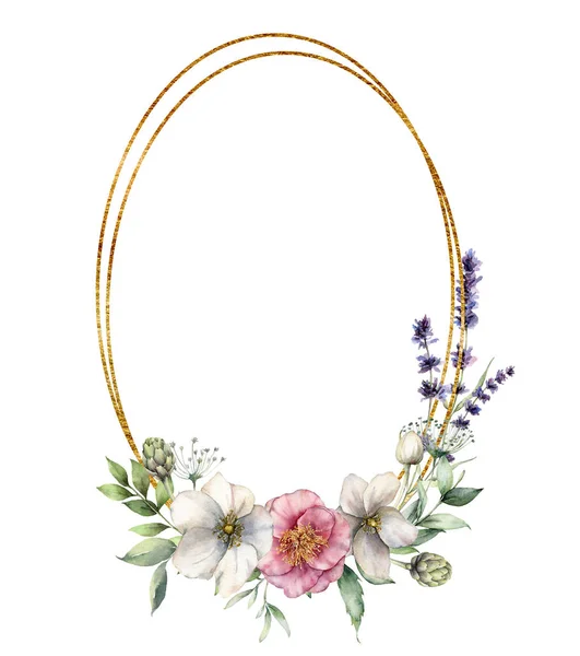 Aquarel gouden frame met anemonen en lavendel. Met de hand geschilderde lente bloemen, artisjok, knoppen en bladeren geïsoleerd op witte achtergrond. Bloemen illustratie voor ontwerp, print, stof of achtergrond. — Stockfoto