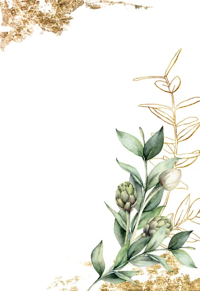 Akvarell arany kártya lineáris ággal és articsókával. Kézzel festett üdülési kártya zöld eukaliptusz levelek és rügy fehér alapon. Tavaszi illusztráció tervezés, nyomtatás, szövet, háttér. — Stock Fotó