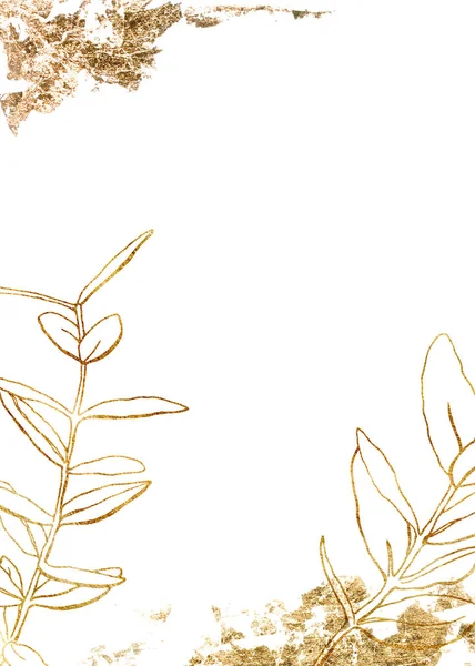 Tarjeta de oro acuarela con rama lineal. Tarjeta de vacaciones pintada a mano con hojas de eucalipto sobre fondo blanco. Ilustración de primavera para diseño, impresión, tela o fondo . —  Fotos de Stock