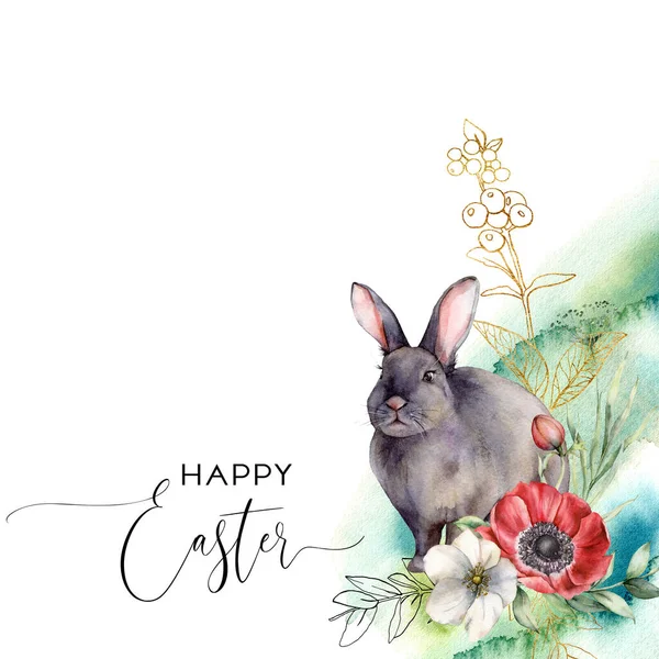 Watercolor Easter card with flowers and rabbit. Hand painted anemones, golden berries, bud and leaves isolated on white background. Spring line art illustration for design, print, fabric, background. — Stock Photo, Image