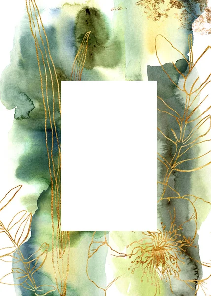 Akvarelová abstraktní karta s lineárními květy. Ručně malované karty se zlatými sasankami a listy izolované na bílém pozadí. Květinová ilustrace pro design, tisk, tkaniny nebo pozadí. — Stock fotografie