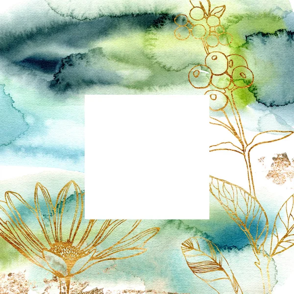 Akvarell abstrakt kort med linjär kamomill. Handmålat kort med gyllene blommor, bär och blad isolerade på vit bakgrund. Blommig illustration för design, tryck, tyg eller bakgrund. — Stockfoto