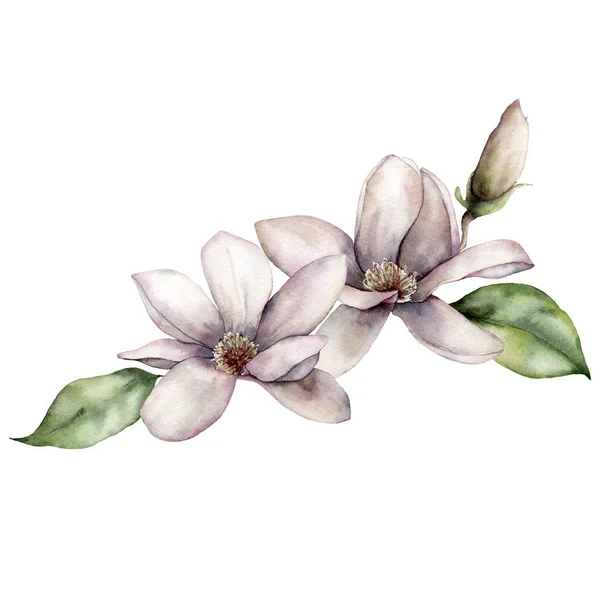 Akvarell virágkártya virágokkal. Kézzel festett csokor fehér és rózsaszín magnóliák, levelek elszigetelt fehér alapon. Tavaszi illusztráció tervezés, nyomtatás, szövet vagy háttér. — Stock Fotó