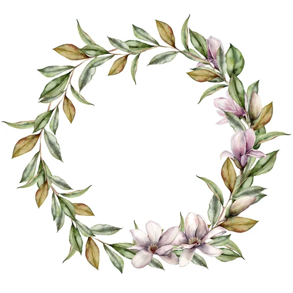 Ghirlanda floreale ad acquerello con magnolie, boccioli e foglie. Bouquet dipinto a mano con fiori isolati su sfondo bianco. Illustrazione primaverile per design, stampa, tessuto o sfondo . — Foto Stock