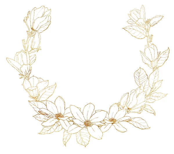 Watercolor floral wreath with golden magnolias, leaves and buds. Hand painted line art bouquet with flowers isolated on white background. Holiday spring illustration for design, print or background. — Stock Photo, Image