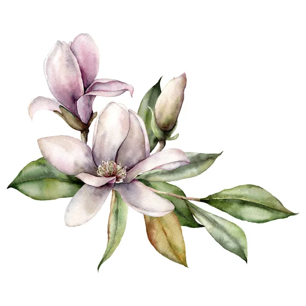 Watercolor floral bouquet with magnolias. Hand painted card with white and pink flowers, leaves and buds isolated on white background. Spring illustration for design, print, fabric or background. — Stock Photo, Image