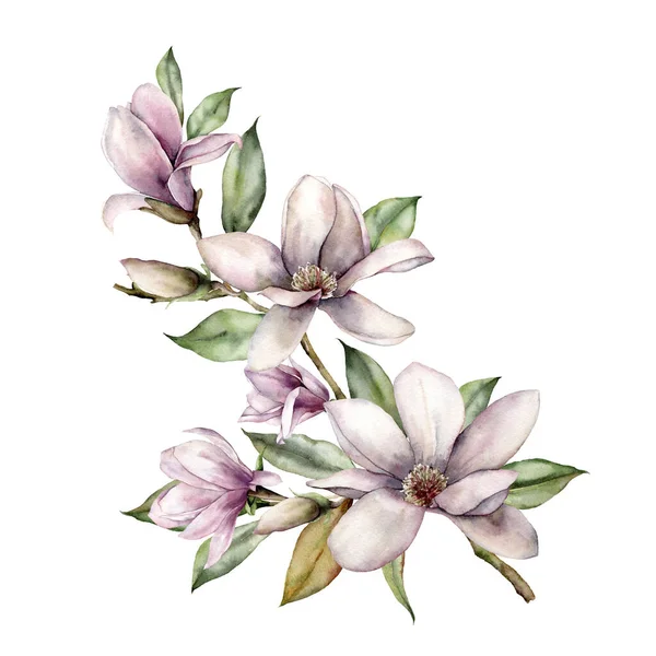 Ramo de magnolias acuarela. Tarjeta floral pintada a mano con flores blancas y rosadas, hojas, ramas y brotes aislados sobre fondo blanco. Ilustración de primavera para diseño, impresión, tela o fondo . — Foto de Stock