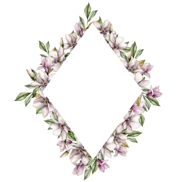 Borda aquarela com magnólias. Cartão floral pintado à mão com flores, folhas e ramos isolados sobre fundo branco. Ilustração de primavera para design, impressão, tecido, fundo. Forma de diamante . — Fotografia de Stock