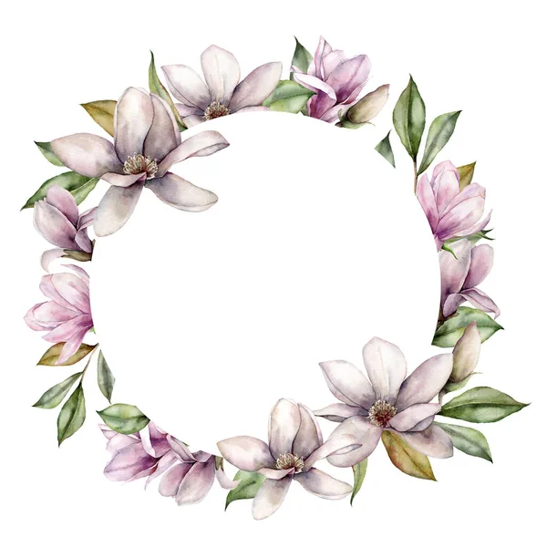 Ghirlanda floreale ad acquerello con magnolie, boccioli e foglie. Bouquet dipinto a mano con fiori isolati su sfondo bianco. Illustrazione primaverile per design, stampa, tessuto o sfondo . — Foto Stock