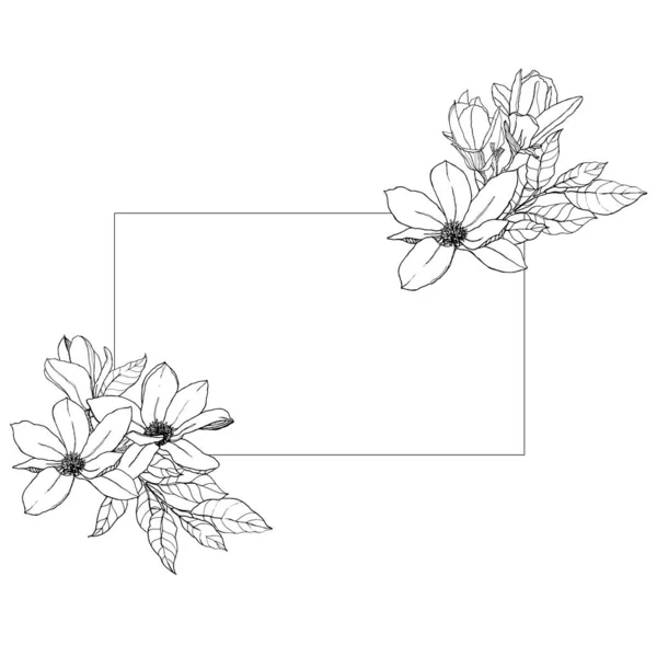 Akvarel černý okraj s magnóliemi liniového umění. Ručně malované květinové karty s květinami, listy a větev izolované na bílém pozadí. Jarní ilustrace pro design, tisk, tkaniny, pozadí. — Stock fotografie