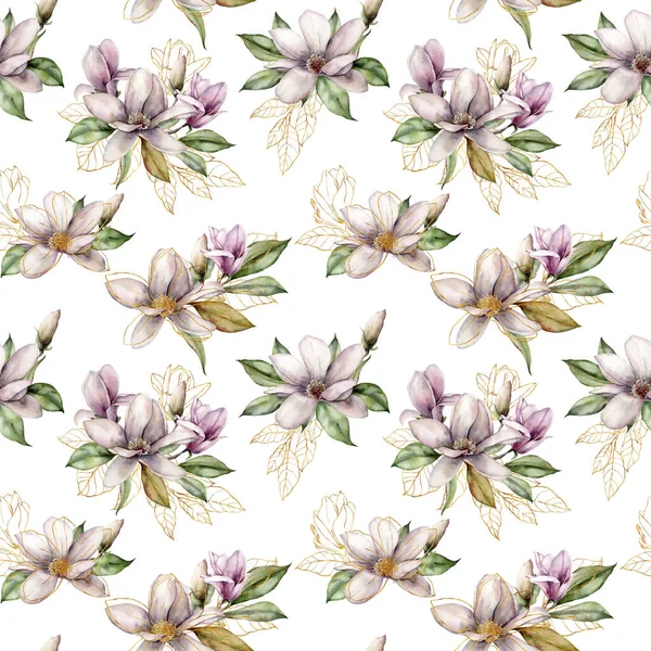 Bezszwowy wzór akwarelowy ze złotymi magnoliami. Ręcznie malowane karty kwiatowe z kwiatami i liści izolowanych na białym tle. Ilustracja wiosennej linii artystycznej do projektowania, druku, tkaniny lub tła. — Zdjęcie stockowe