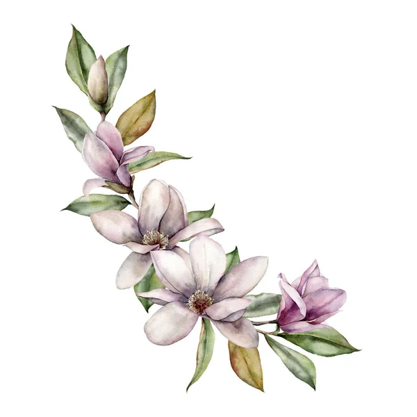 Ramo de magnolias acuarela. Tarjeta floral pintada a mano con flores blancas y rosadas, hojas, ramas y brotes aislados sobre fondo blanco. Ilustración de primavera para diseño, impresión, tela o fondo . — Foto de Stock