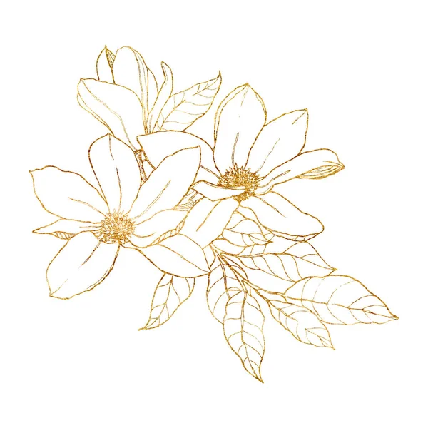 Bukiet sztuki linii akwareli ze złotymi magnoliami. Ręcznie malowana ilustracja kwiatowa z kwiatami, gałęzią, liśćmi i pączkami wyizolowanymi na białym tle. Do wiosennego projektowania, druku, tkaniny lub tła. — Zdjęcie stockowe
