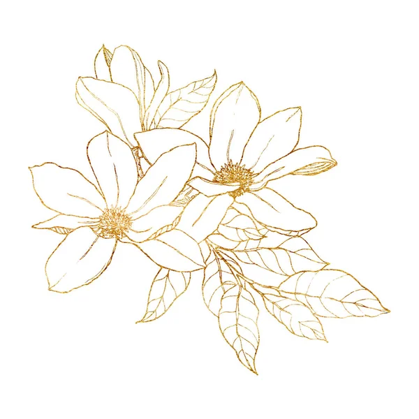 Aquarell-Linie Kunststrauß mit goldenen Magnolien. Handgemalte florale Illustration mit Blumen, Zweigen, Blättern und Knospen isoliert auf weißem Hintergrund. Für Federdesign, Druck, Stoff oder Hintergrund. — Stockfoto