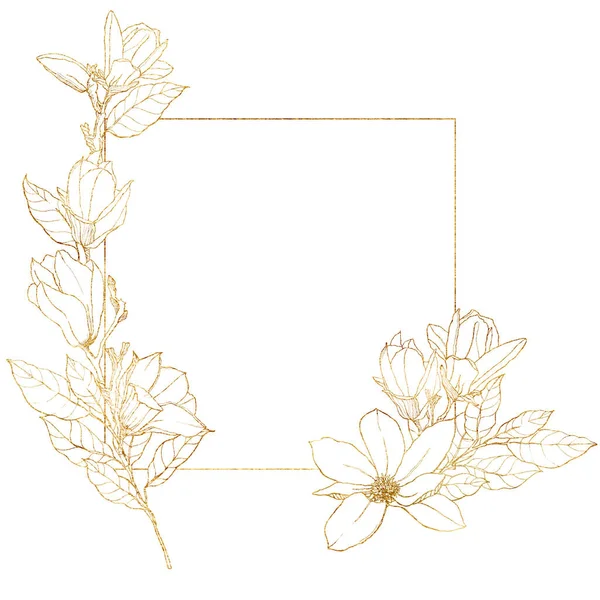 Akvarell gyllene gräns med linje konst magnolior. Handmålade blommor kort med blommor, blad och gren isolerad på vit bakgrund. Våren illustration för design, tryck, tyg, bakgrund. — Stockfoto