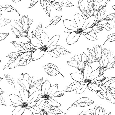 Çizgili sanat manolyalarıyla suluboya siyah, pürüzsüz desen. Beyaz arka planda çiçekli ve yapraklı el boyası bir kart. Tasarım, baskı, kumaş veya arkaplan için bahar çizimi.