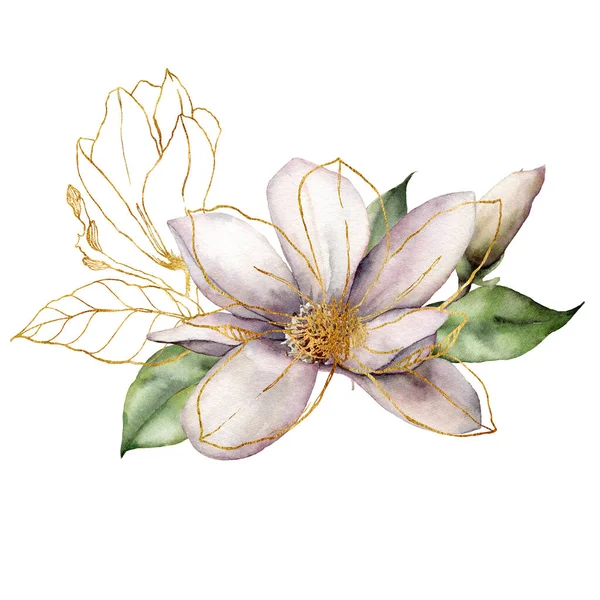 Αδιάβροχο μπουκέτο με χρυσές μανόλιες, κλαδιά και φύλλα. Χειροποίητη floral κάρτα με λουλούδια που απομονώνονται σε λευκό φόντο. Εικονογράφηση Spring line τέχνη για το σχεδιασμό, εκτύπωση, ύφασμα ή φόντο. — Φωτογραφία Αρχείου