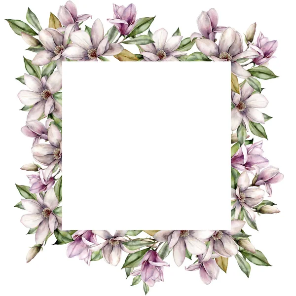 Borda quadrada aquarela com magnólias, botões e folhas. Quadro floral pintado à mão com flores isoladas sobre fundo branco. Ilustração de primavera de férias para design, impressão, tecido ou fundo . — Fotografia de Stock