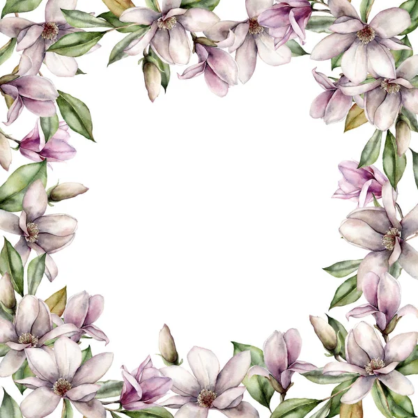 Akvarell fyrkantig gräns med magnolier, blad och knoppar. Handmålade blommig ram med blommor isolerad på vit bakgrund. Semesterfjäder illustration för design, tryck, tyg eller bakgrund. — Stockfoto