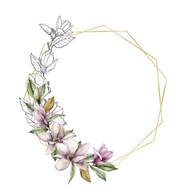 Altın ve siyah manolyalı suluboya poligonal çerçeve. Elle boyanmış bahar çiçekleri ve beyaz arka planda izole edilmiş yapraklar. Tasarım, baskı veya arkaplan için çiçek çizgisi çizimi.