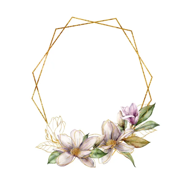 Watercolor polygonal golden frame with magnolia. Hand painted spring flowers and leaves isolated on white background. Floral line art illustration for design, print or background. — Stock Photo, Image