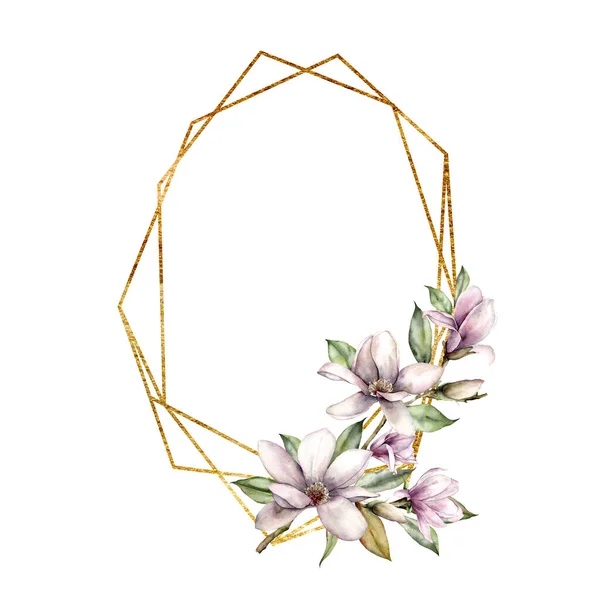 Acuarela poligonal marco dorado con magnolia y hojas. Flores de primavera pintadas a mano aisladas sobre fondo blanco. Ilustración de arte de línea floral para diseño, impresión o fondo . — Foto de Stock